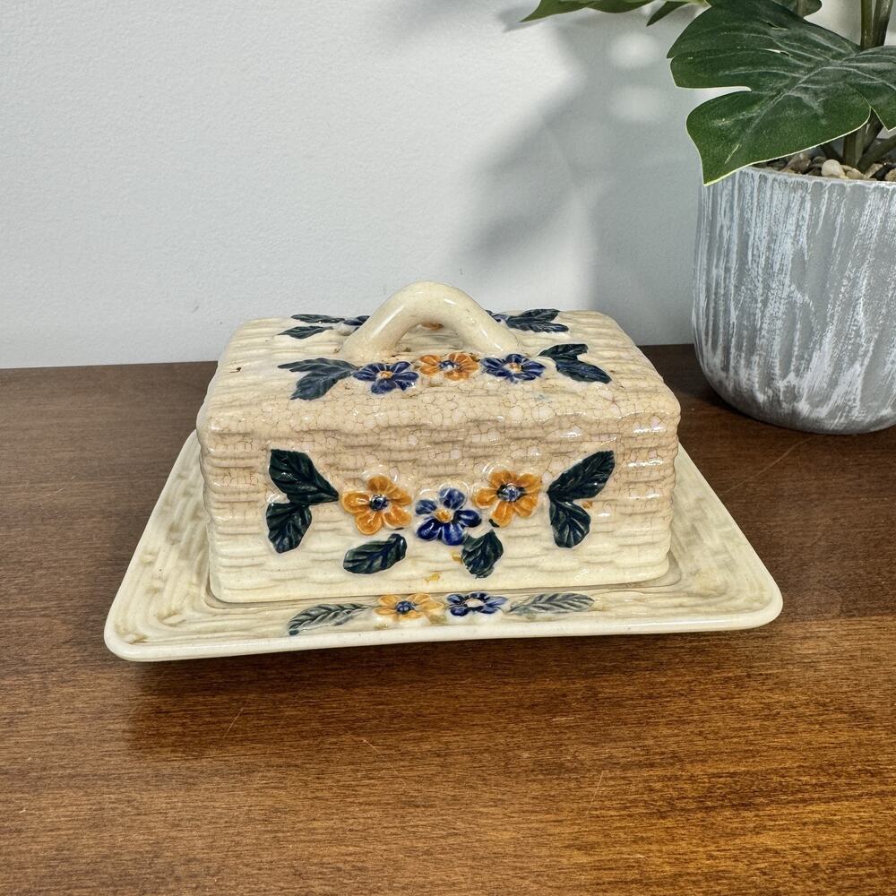 Vintage Butter Dish with Lid & Handle Cream Ceramic Toasty Crazing